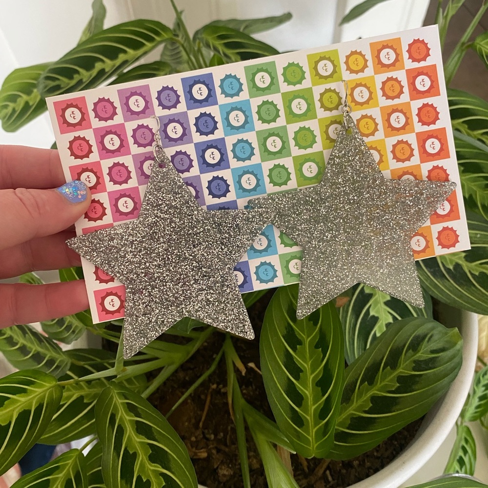 Sparkly Glitter Silver Star Dangly Earrings